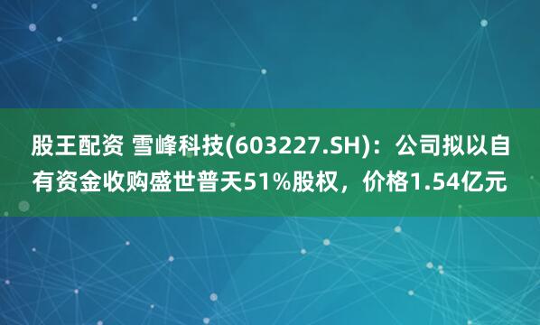 股王配资 雪峰科技(603227.SH)：公司拟以自有资金收购盛世普天51%股权，价格1.54亿元
